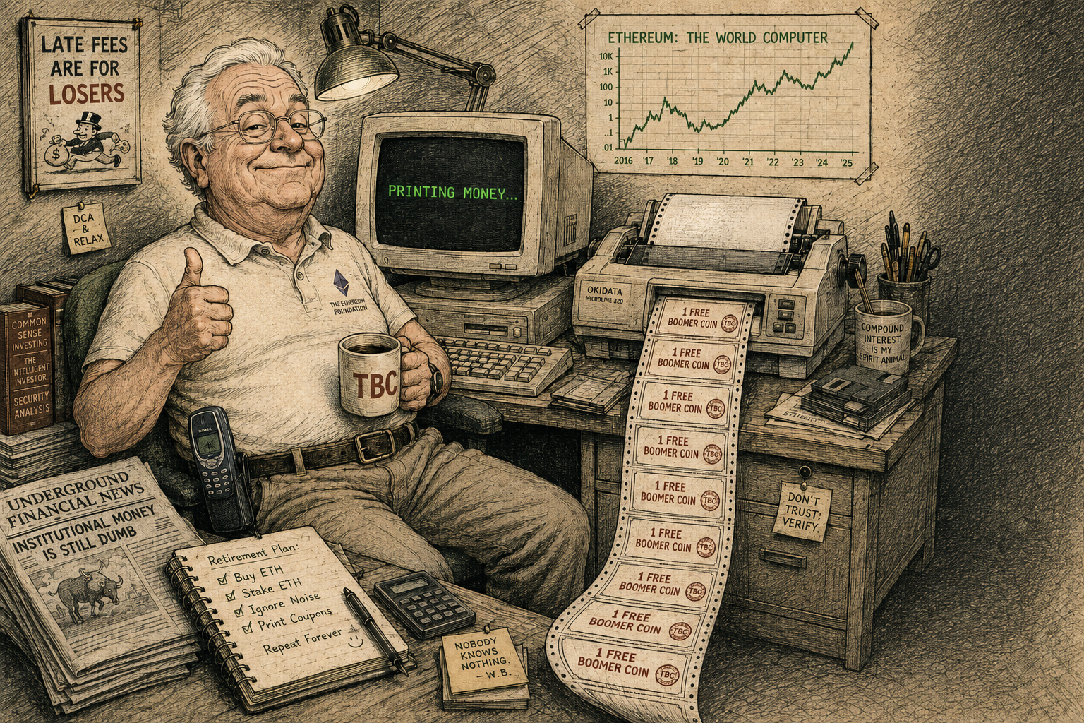 A boomer at a vintage computer printing Boomer Coin coupons