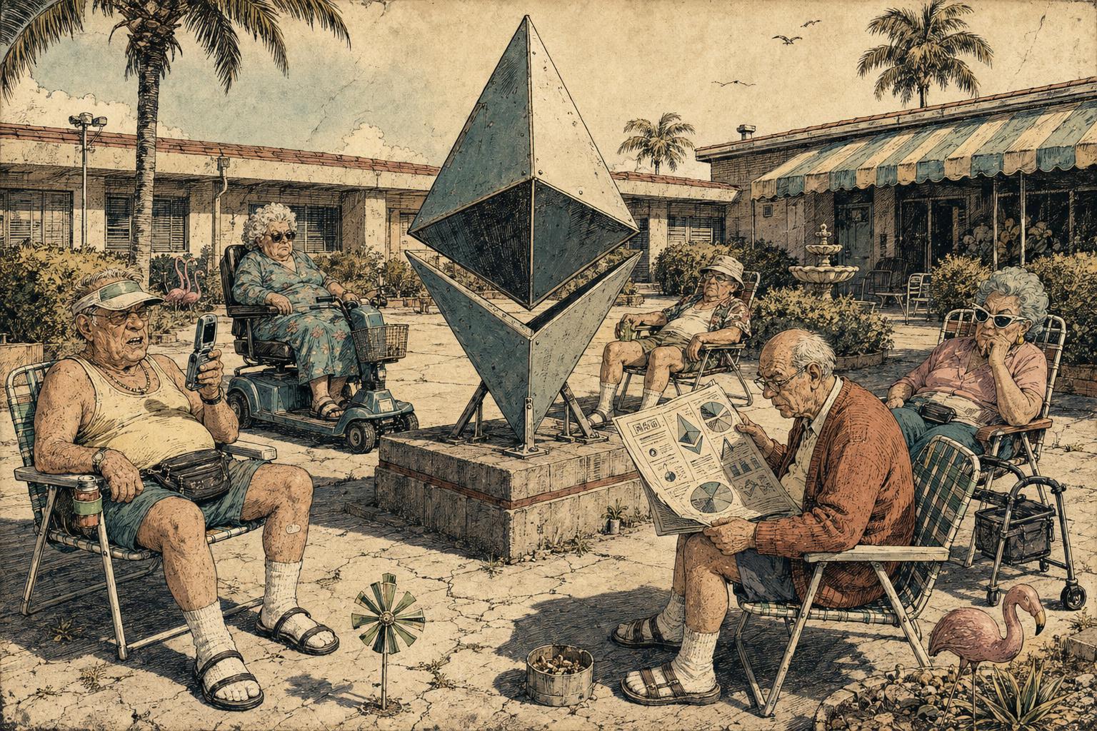 Boomers relaxing at a satirical Ethereum retirement community